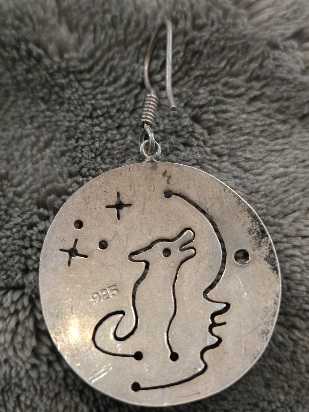 Sterling Silver 925 Wolf Moon & Stars Pierced Silhouette Dangle Earrings - Picture 5 of 8